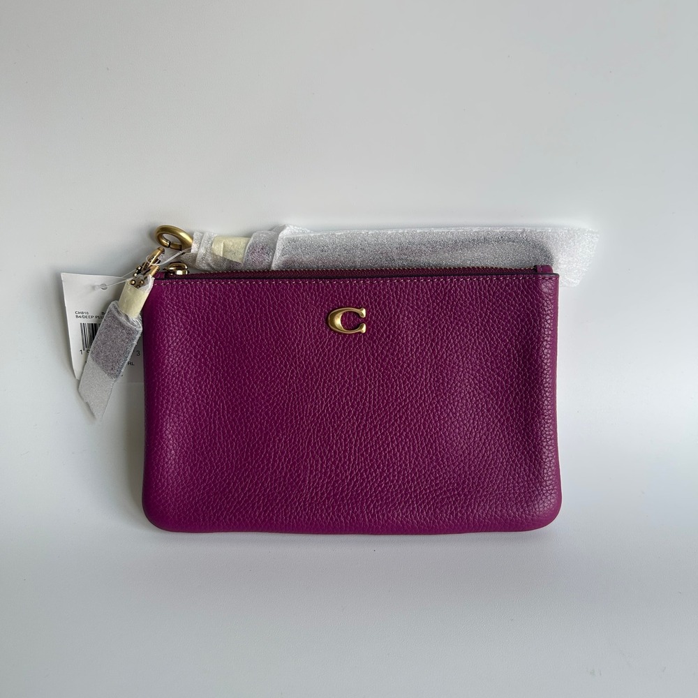 Coach Small Wristlet Deep Plum Polished Pebble Leather CH818